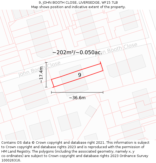 9, JOHN BOOTH CLOSE, LIVERSEDGE, WF15 7LB: Plot and title map