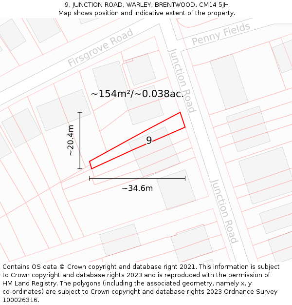 9, JUNCTION ROAD, WARLEY, BRENTWOOD, CM14 5JH: Plot and title map