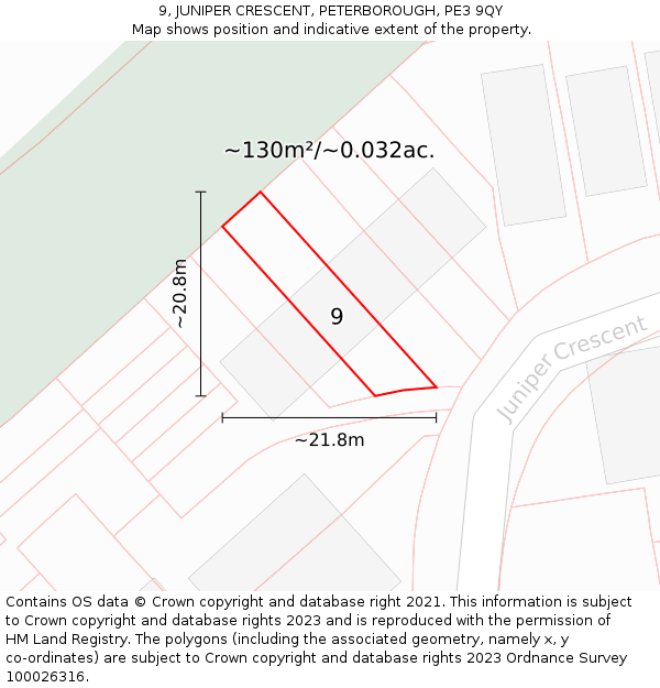 9, JUNIPER CRESCENT, PETERBOROUGH, PE3 9QY: Plot and title map