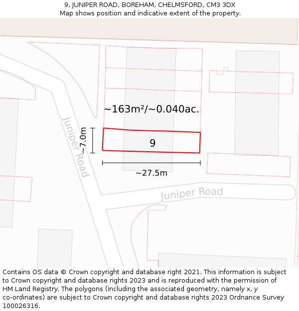 9, JUNIPER ROAD, BOREHAM, CHELMSFORD, CM3 3DX: Plot and title map