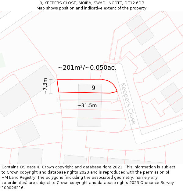 9, KEEPERS CLOSE, MOIRA, SWADLINCOTE, DE12 6DB: Plot and title map
