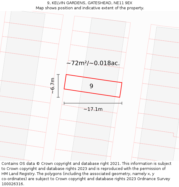 9, KELVIN GARDENS, GATESHEAD, NE11 9EX: Plot and title map