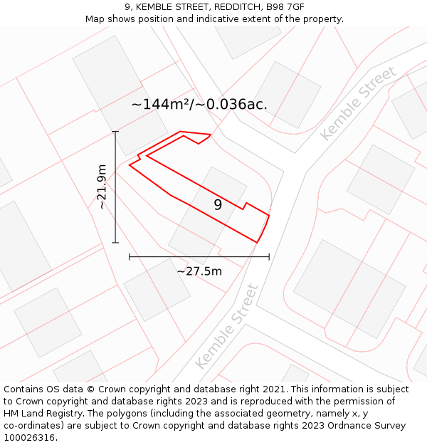 9, KEMBLE STREET, REDDITCH, B98 7GF: Plot and title map