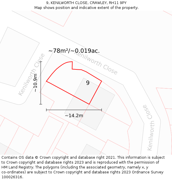 9, KENILWORTH CLOSE, CRAWLEY, RH11 9PY: Plot and title map