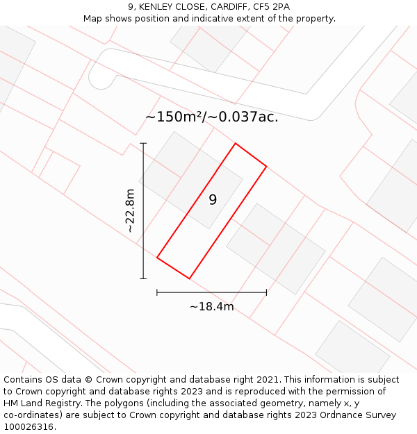 9, KENLEY CLOSE, CARDIFF, CF5 2PA: Plot and title map