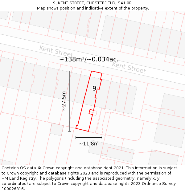 9, KENT STREET, CHESTERFIELD, S41 0PJ: Plot and title map
