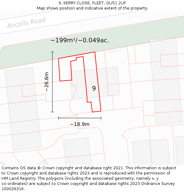 9, KERRY CLOSE, FLEET, GU51 2UF: Plot and title map