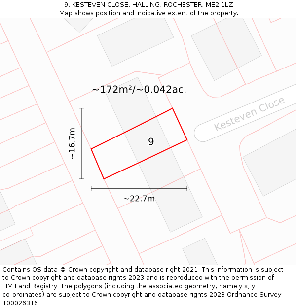 9, KESTEVEN CLOSE, HALLING, ROCHESTER, ME2 1LZ: Plot and title map