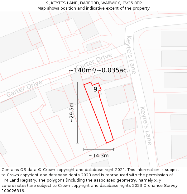 9, KEYTES LANE, BARFORD, WARWICK, CV35 8EP: Plot and title map