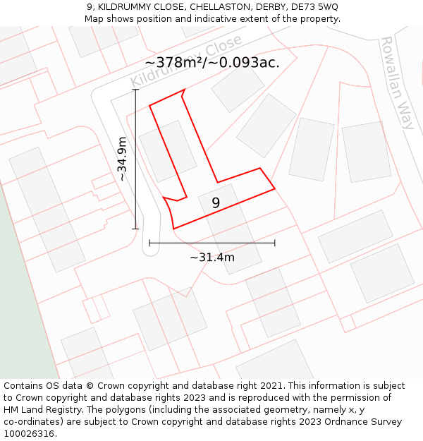 9, KILDRUMMY CLOSE, CHELLASTON, DERBY, DE73 5WQ: Plot and title map