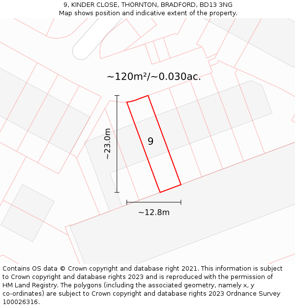 9, KINDER CLOSE, THORNTON, BRADFORD, BD13 3NG: Plot and title map