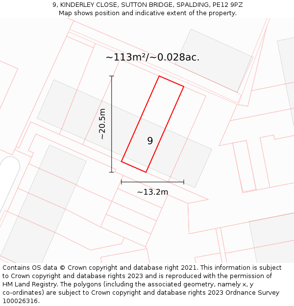 9, KINDERLEY CLOSE, SUTTON BRIDGE, SPALDING, PE12 9PZ: Plot and title map