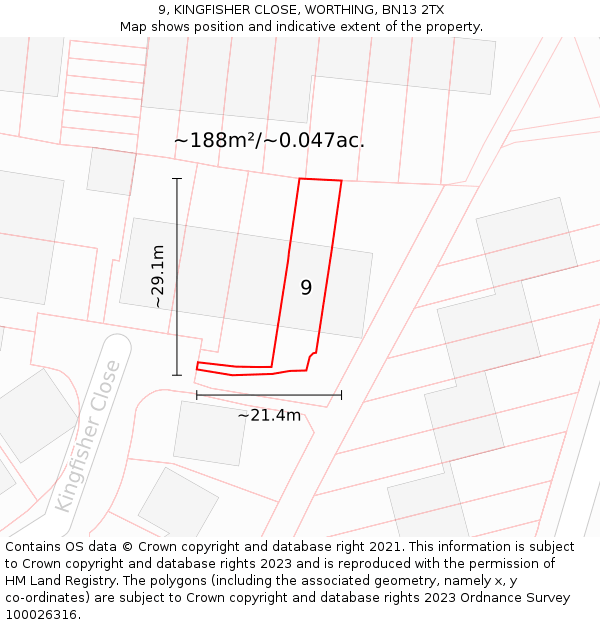 9, KINGFISHER CLOSE, WORTHING, BN13 2TX: Plot and title map