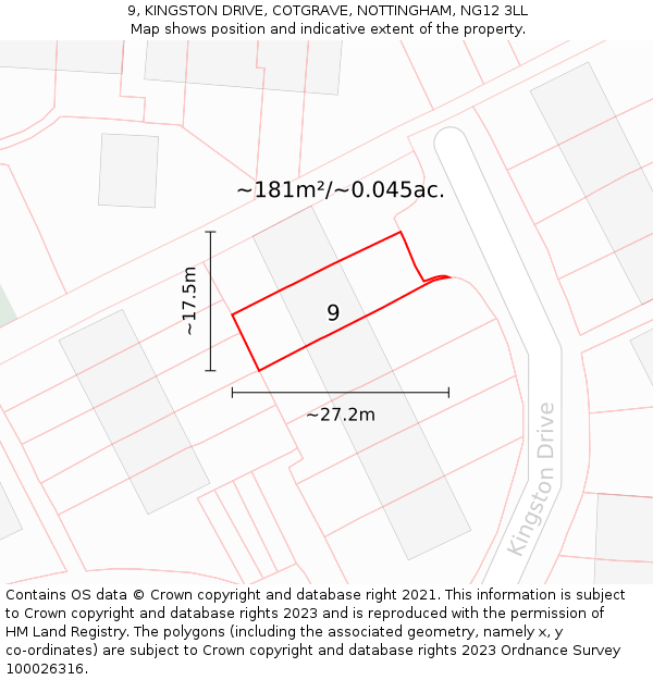 9, KINGSTON DRIVE, COTGRAVE, NOTTINGHAM, NG12 3LL: Plot and title map