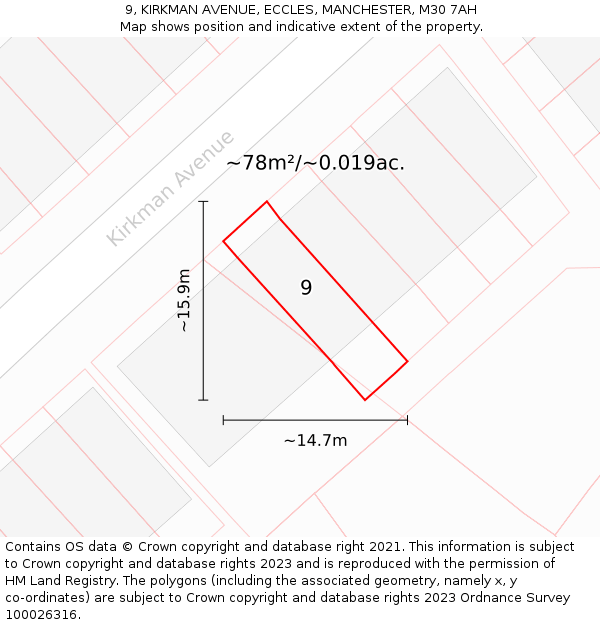 9, KIRKMAN AVENUE, ECCLES, MANCHESTER, M30 7AH: Plot and title map