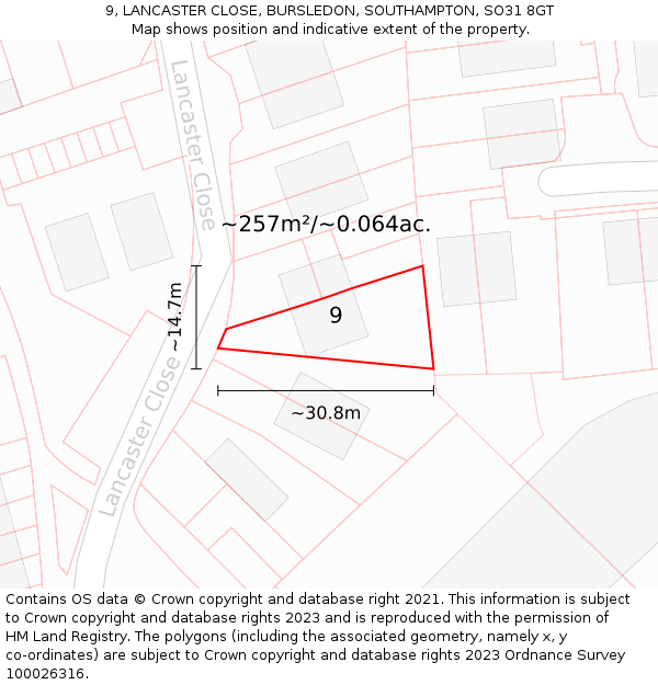 9, LANCASTER CLOSE, BURSLEDON, SOUTHAMPTON, SO31 8GT: Plot and title map