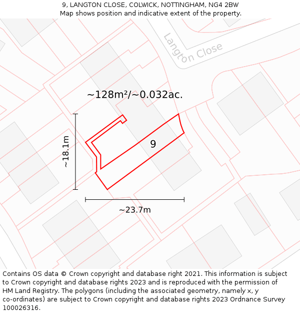 9, LANGTON CLOSE, COLWICK, NOTTINGHAM, NG4 2BW: Plot and title map