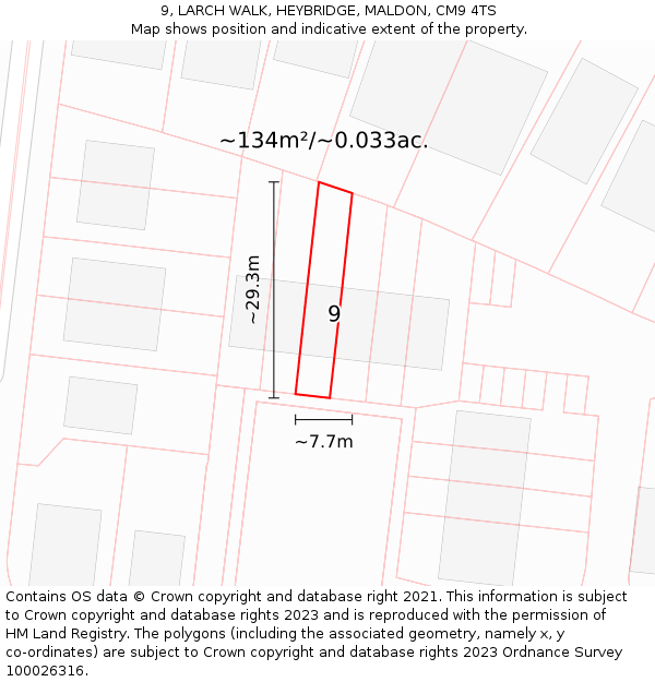 9, LARCH WALK, HEYBRIDGE, MALDON, CM9 4TS: Plot and title map