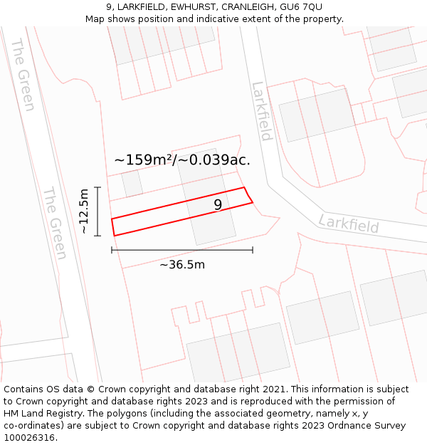 9, LARKFIELD, EWHURST, CRANLEIGH, GU6 7QU: Plot and title map