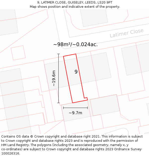 9, LATIMER CLOSE, GUISELEY, LEEDS, LS20 9PT: Plot and title map