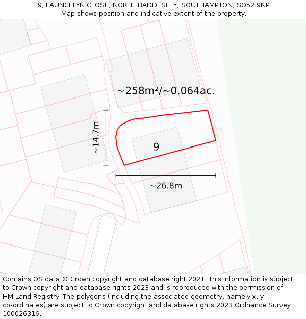 9, LAUNCELYN CLOSE, NORTH BADDESLEY, SOUTHAMPTON, SO52 9NP: Plot and title map