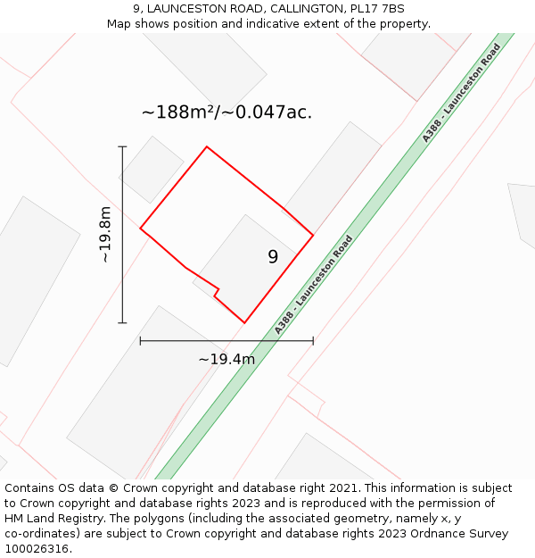 9, LAUNCESTON ROAD, CALLINGTON, PL17 7BS: Plot and title map