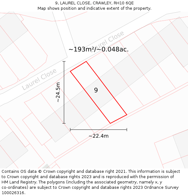 9, LAUREL CLOSE, CRAWLEY, RH10 6QE: Plot and title map