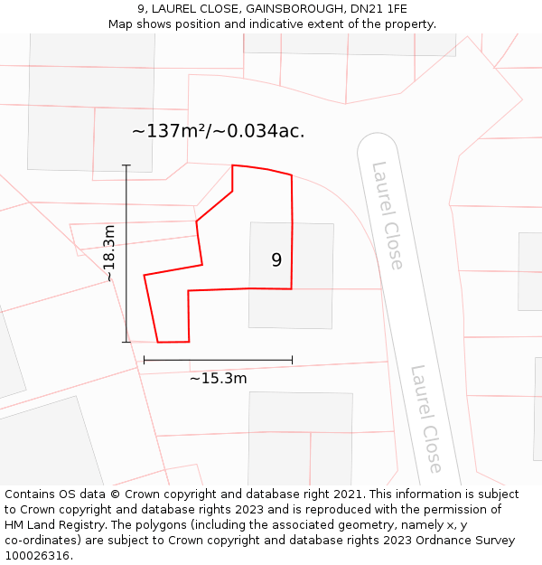 9, LAUREL CLOSE, GAINSBOROUGH, DN21 1FE: Plot and title map