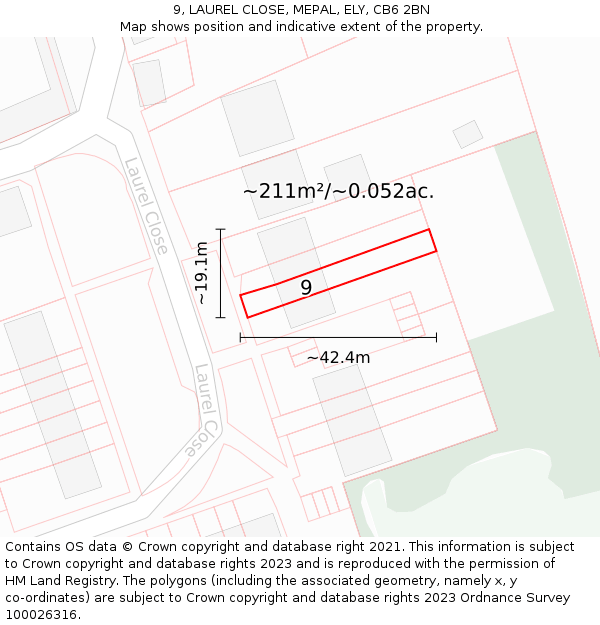 9, LAUREL CLOSE, MEPAL, ELY, CB6 2BN: Plot and title map