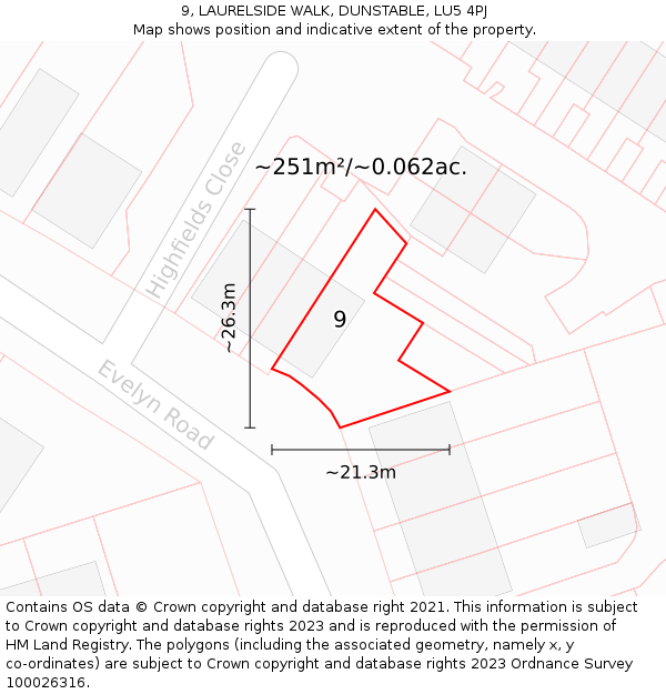 9, LAURELSIDE WALK, DUNSTABLE, LU5 4PJ: Plot and title map