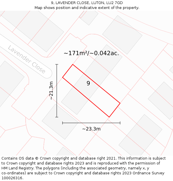 9, LAVENDER CLOSE, LUTON, LU2 7GD: Plot and title map