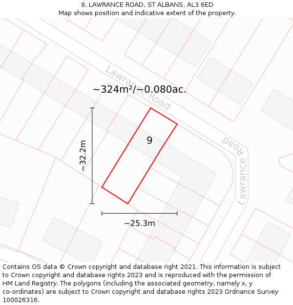 9, LAWRANCE ROAD, ST ALBANS, AL3 6ED: Plot and title map