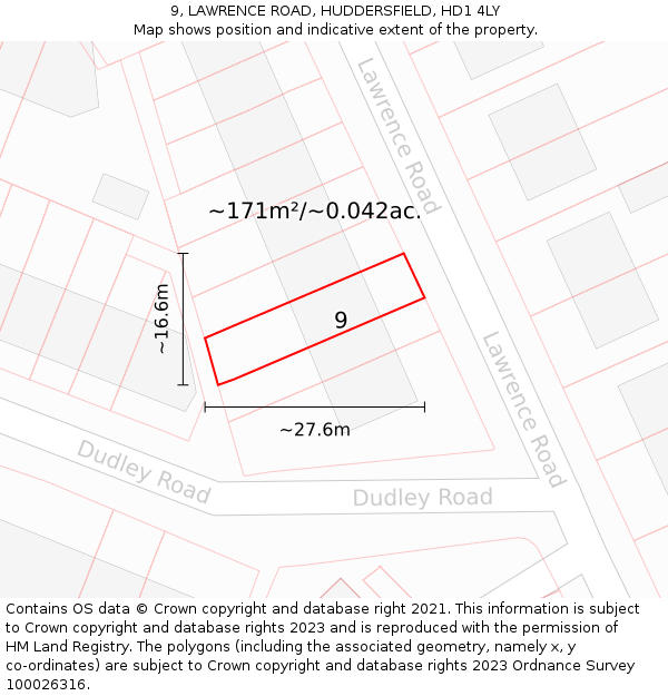 9, LAWRENCE ROAD, HUDDERSFIELD, HD1 4LY: Plot and title map