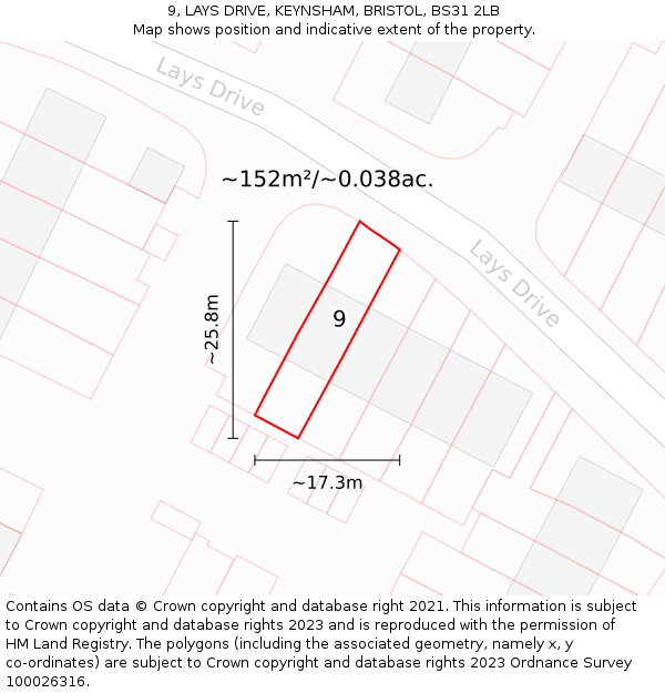 9, LAYS DRIVE, KEYNSHAM, BRISTOL, BS31 2LB: Plot and title map