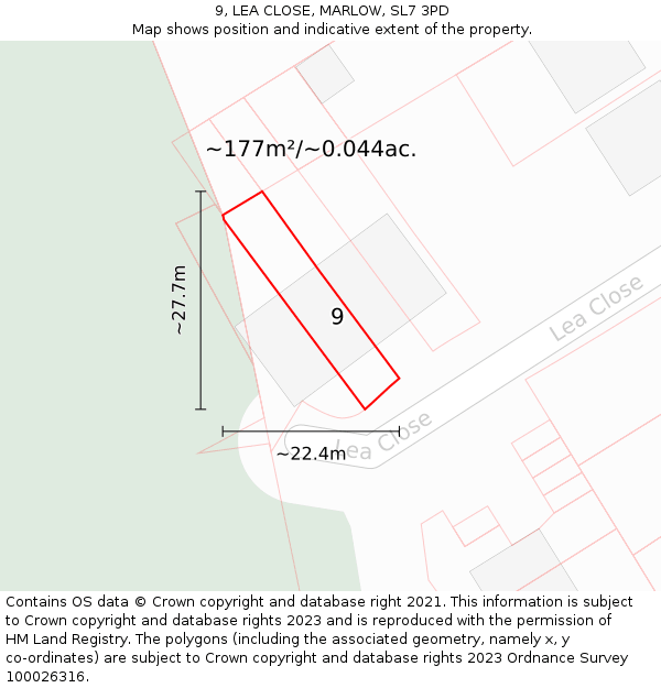 9, LEA CLOSE, MARLOW, SL7 3PD: Plot and title map