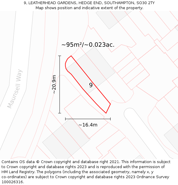 9, LEATHERHEAD GARDENS, HEDGE END, SOUTHAMPTON, SO30 2TY: Plot and title map