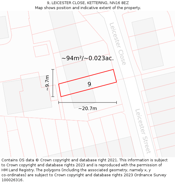 9, LEICESTER CLOSE, KETTERING, NN16 8EZ: Plot and title map
