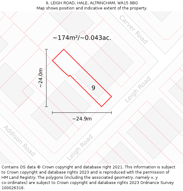 9, LEIGH ROAD, HALE, ALTRINCHAM, WA15 9BG: Plot and title map
