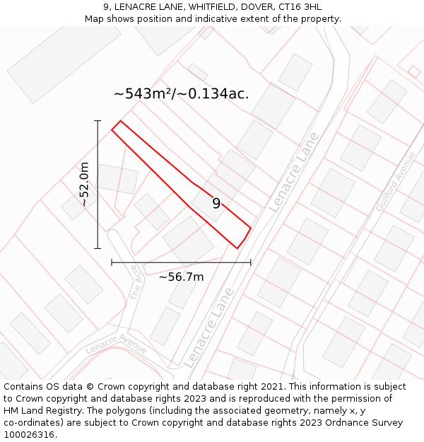 9, LENACRE LANE, WHITFIELD, DOVER, CT16 3HL: Plot and title map
