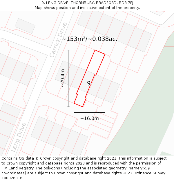9, LENG DRIVE, THORNBURY, BRADFORD, BD3 7FJ: Plot and title map
