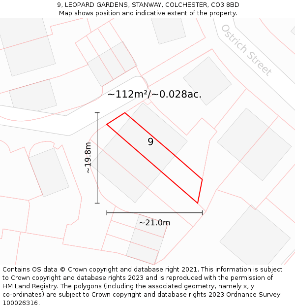 9, LEOPARD GARDENS, STANWAY, COLCHESTER, CO3 8BD: Plot and title map