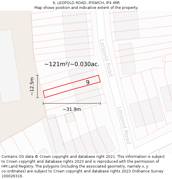 9, LEOPOLD ROAD, IPSWICH, IP4 4RR: Plot and title map
