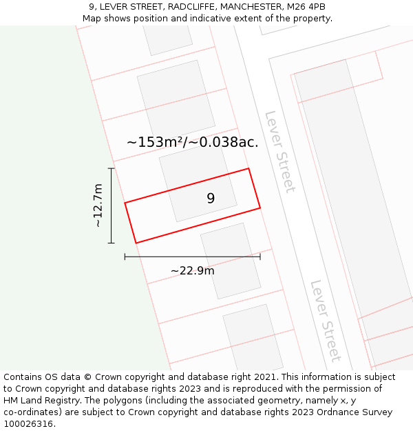 9, LEVER STREET, RADCLIFFE, MANCHESTER, M26 4PB: Plot and title map