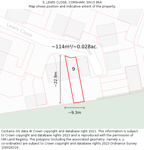 9, LEWIS CLOSE, CORSHAM, SN13 9EA: Plot and title map