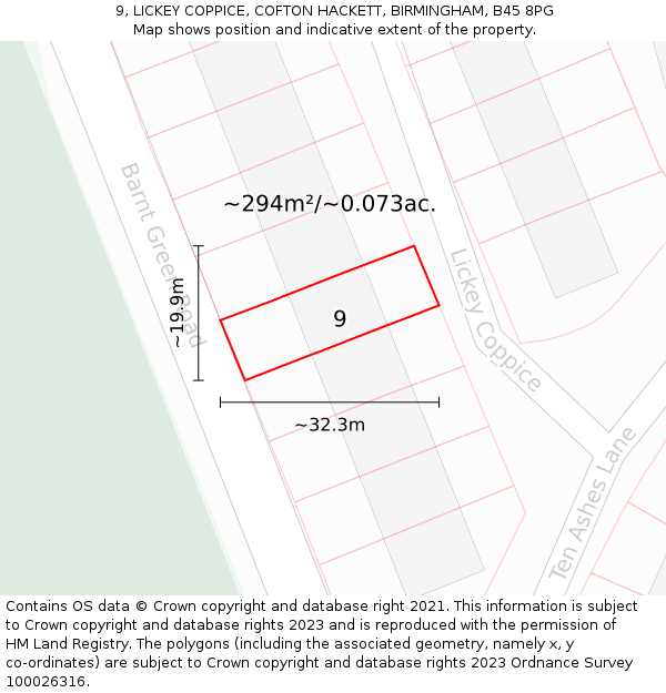9, LICKEY COPPICE, COFTON HACKETT, BIRMINGHAM, B45 8PG: Plot and title map