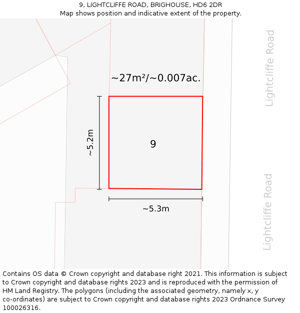 9, LIGHTCLIFFE ROAD, BRIGHOUSE, HD6 2DR: Plot and title map