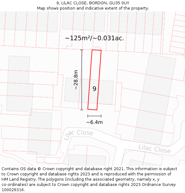 9, LILAC CLOSE, BORDON, GU35 0UY: Plot and title map