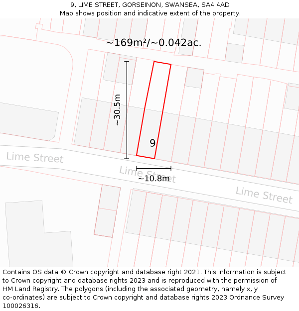 9, LIME STREET, GORSEINON, SWANSEA, SA4 4AD: Plot and title map