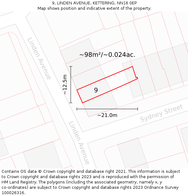9, LINDEN AVENUE, KETTERING, NN16 0EP: Plot and title map