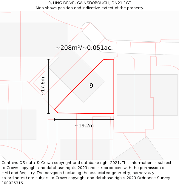 9, LING DRIVE, GAINSBOROUGH, DN21 1GT: Plot and title map